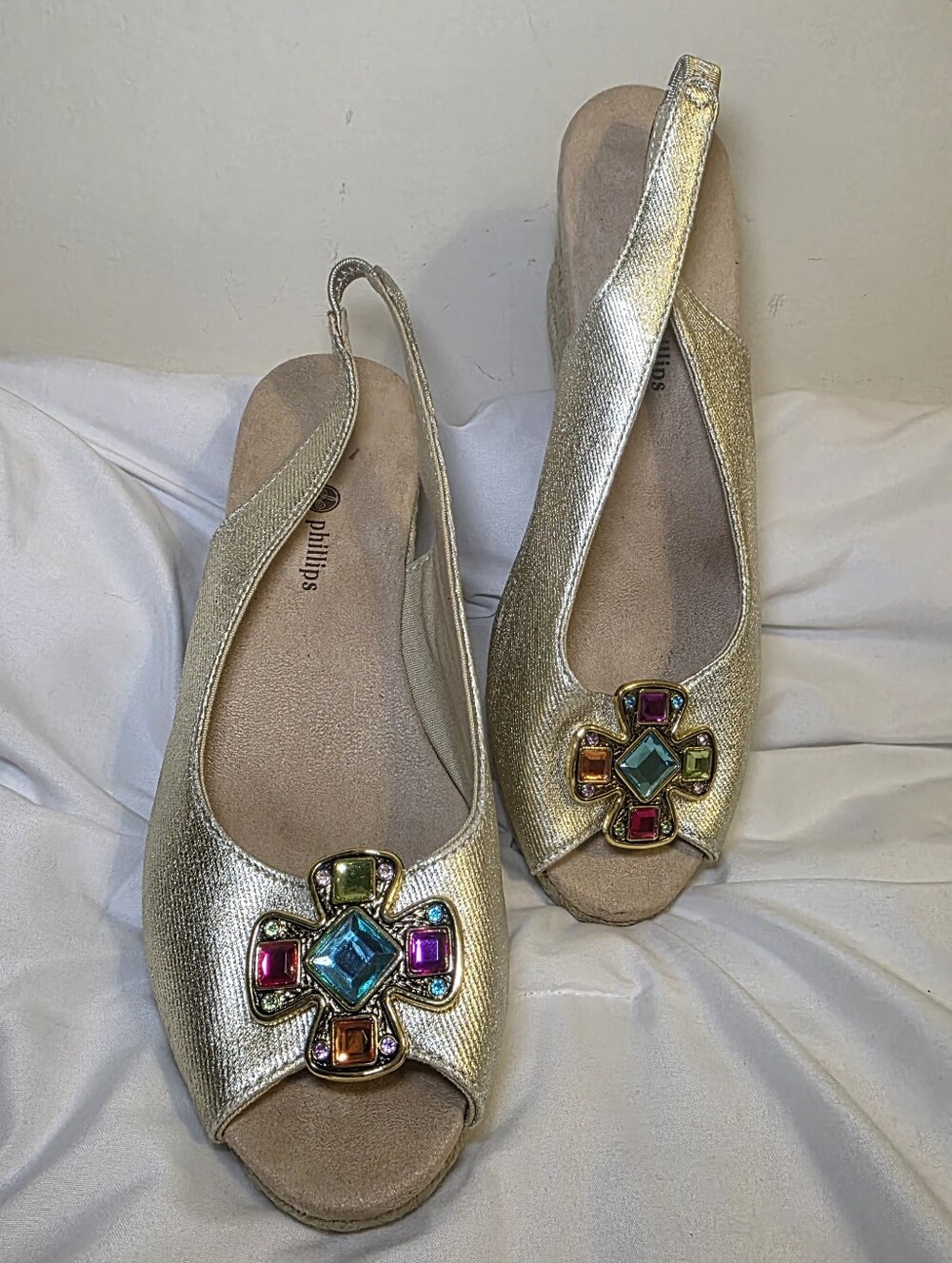 Lindsay Phillips Gold Wedge Sandals with Colorful Gem Accents Size 9